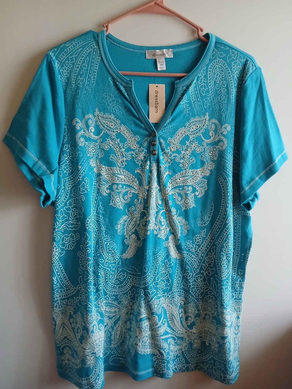 dressbarn Turquoise Short Sleeve Printed Henley Top